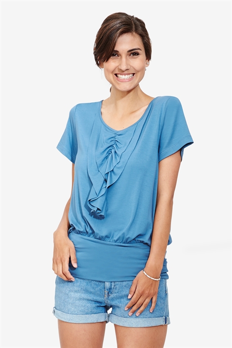 Blue nursing blouse with frills and short sleeves