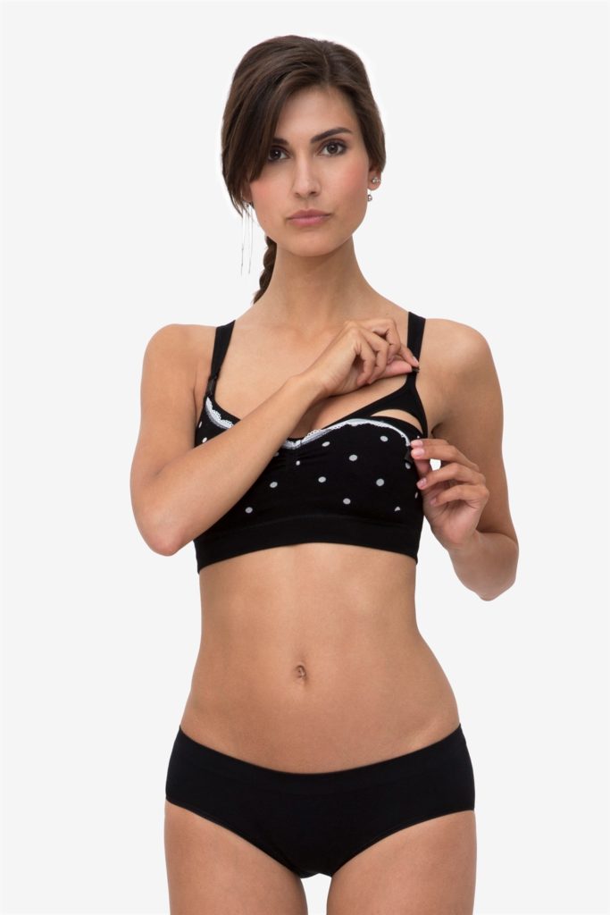 Sporty black nursing bra with white dots