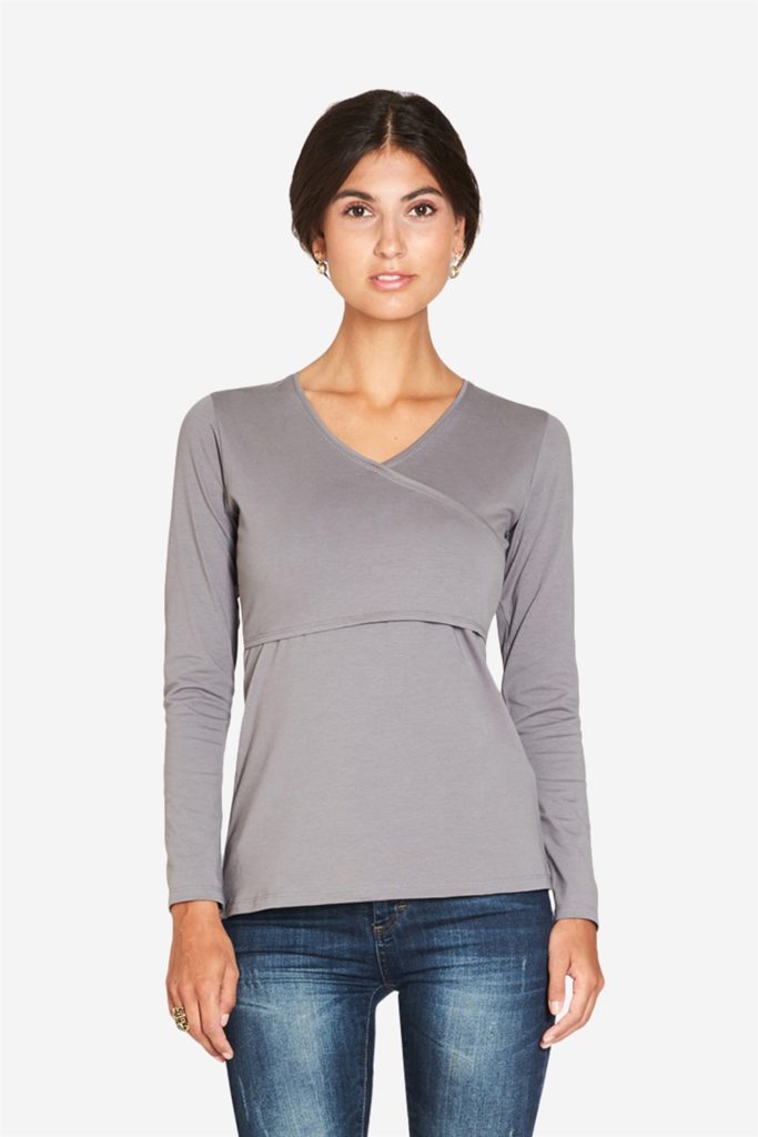 Grey nursing shirt with a classic wrap look