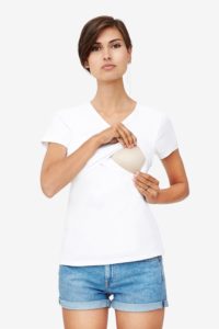 White nursing top with V-neck and wrap-around look